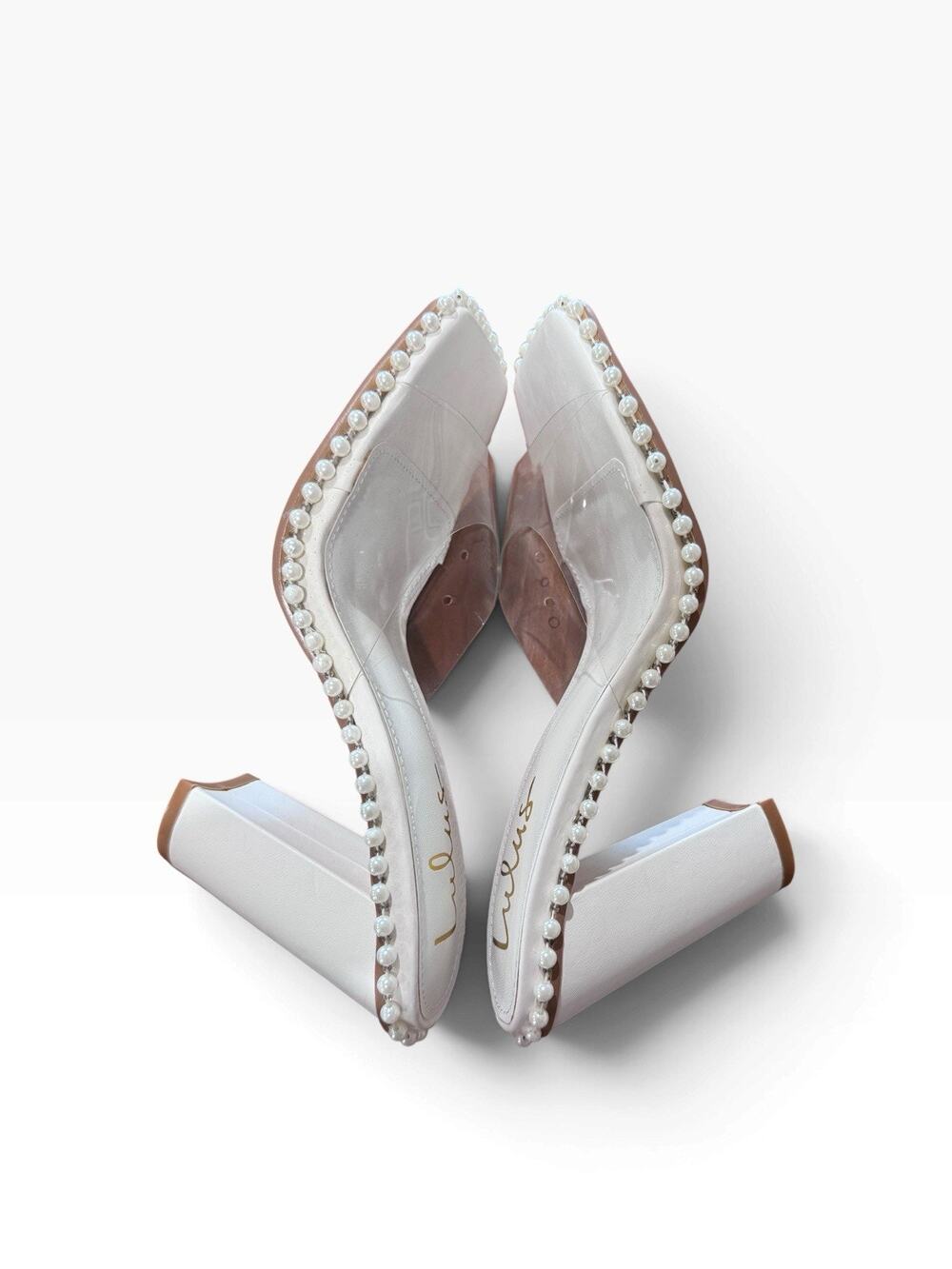 Lulus Power Pearl Heels 7.5 White Clear Vinyl Pearl Embellished Block Heel